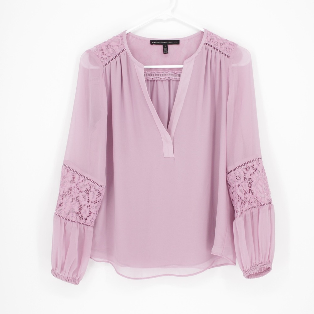 White House Black Market Women's Pink Lace Trim Sheer Peasant Blouse Size S